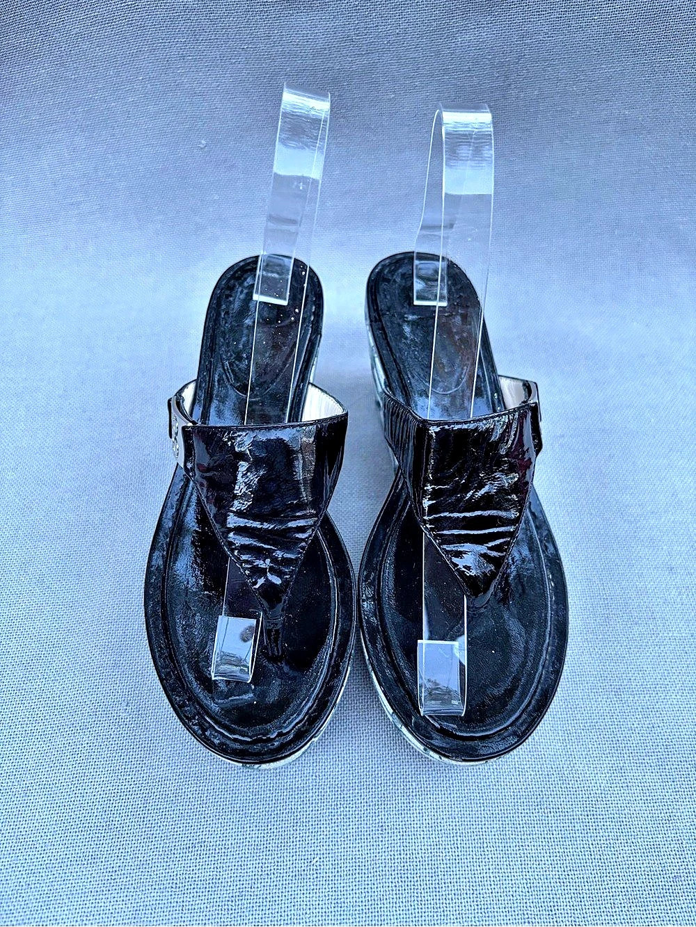 Coach Black Patent Logo Wedge Sandals US 6B